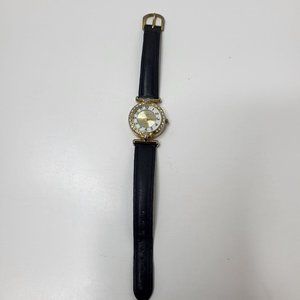 LA Express Watch‎ Women Gold Stainless Steel Batt Black Leather Band Quartz